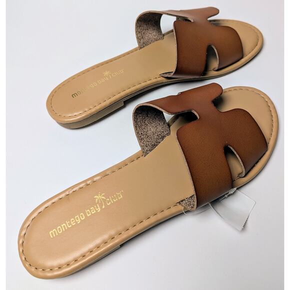 Montego Bay Club Cognac Sandals WOMENS 11 Vegan Leather Slip On Slides Cruise - Picture 5 of 8